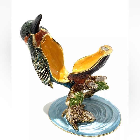 Kingfisher Bird Bejeweled Enameled Hummingbird Trinket Box Hinged Magnetic - Picture 3 of 13